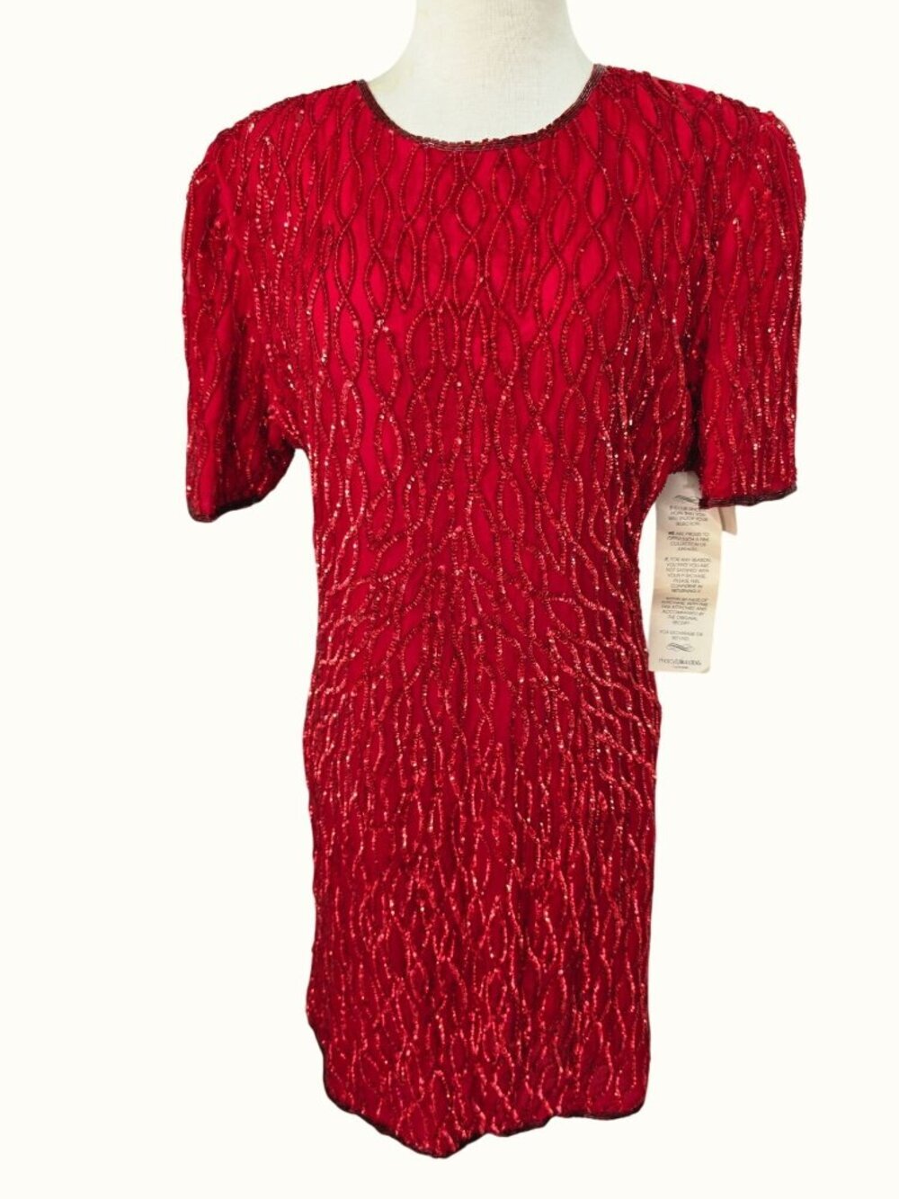 NWT Vintage Laurence Kazar Red Silk Beaded Sequin Cocktail Dress PXL Party